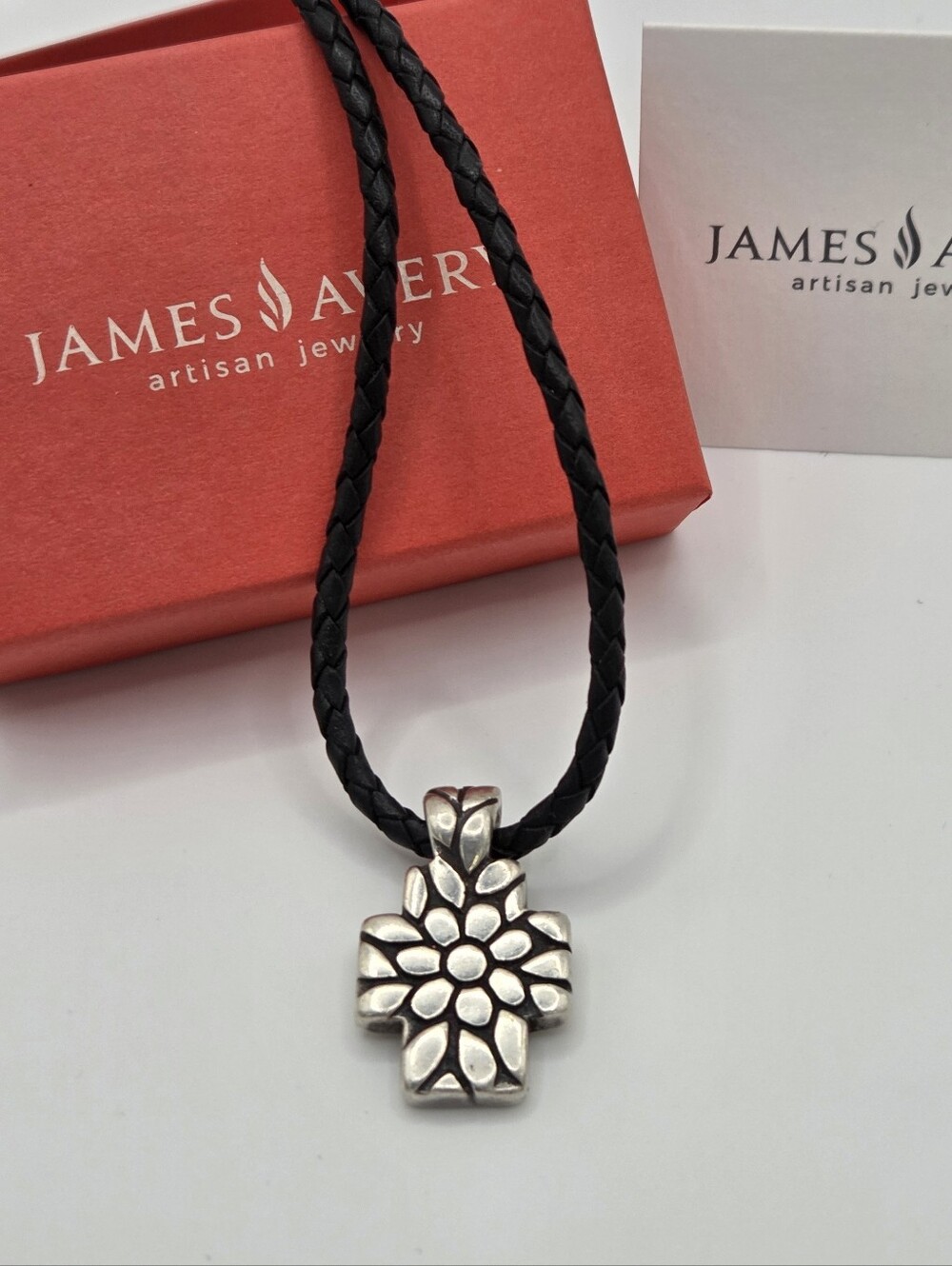 James Avery Leather Cord Necklace & Retired Floral Cross Pendant